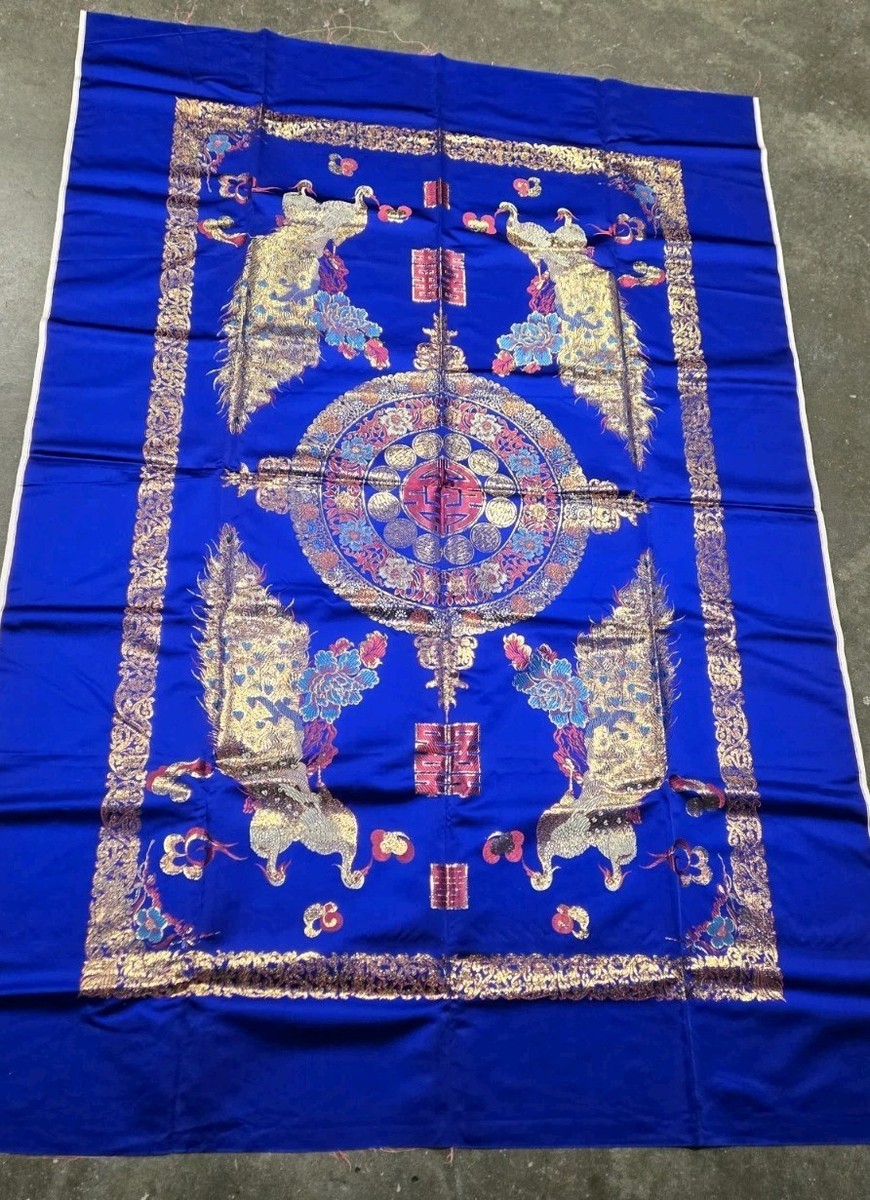 Asian Metallic Embroidered Peacock Textile Tapestry Cloth Decor