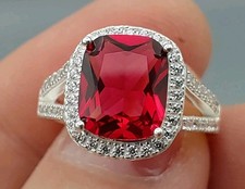 5ctw 925 Silver Red Ruby White CZ Cushion Cut Engagement Ring size 7 4.8g NEW