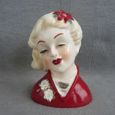 Vint Lady Head Vase Red Gold Poinsettia Romance 6.5 in Christmas Valentine MCM