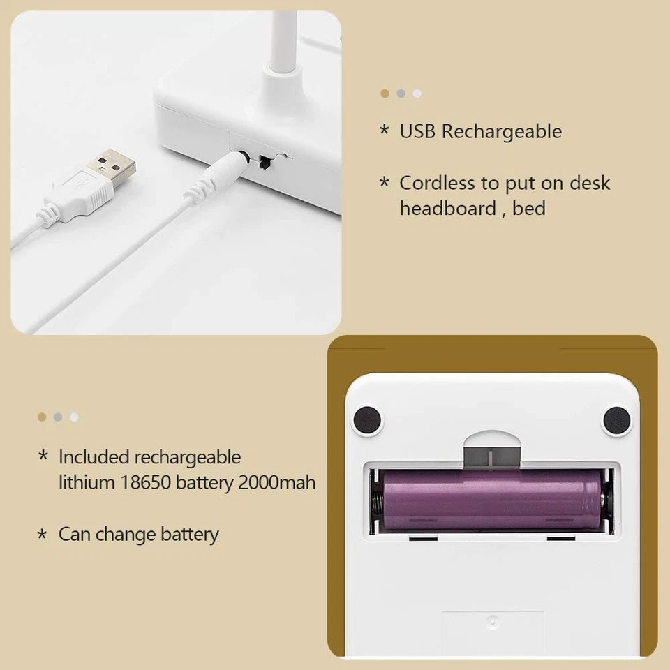 Lampe de Bureau LED Sans fil Rechargeable USB Batterie 2000mah Tactile Dimmab... - Photo 4/4