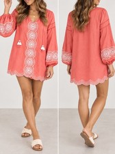 Show Me Your Mumu Claudine Coral Embroidered Boho Tunic Mini Dress size XS