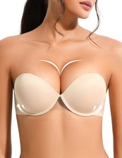 Women's Strapless Push Up Bra, Clear Straps, Thick Padded Underwire, Add Cup
