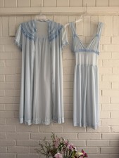 VTG Texsheen Sleep Peignoir Nightgown Robe Ruffle Set Sheer Soft Blue Size 32