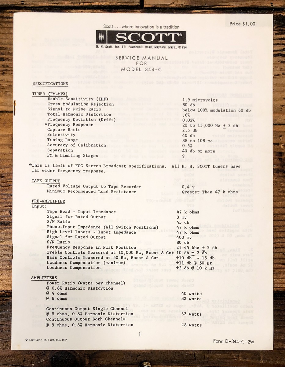 HH Scott Model 344C 344-C Receiver Service Manual *Original*