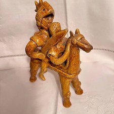 Vintage Glazed Ceramic Knight on Horse Figurine - Handmade Pottery Sculpture Art