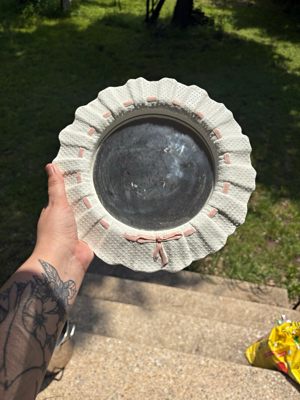 Round Decorative Mirroe, White  Pink, Scalloped Rim with Pink Accents