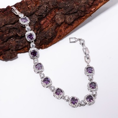 Purple Amethyst, CZ 925 Sterling Silver Adjustable Bracelet 7-8'' B131517