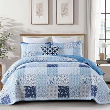 Blue Quilt Set Queen Boho Patchwork Bedspread Floral Queen,