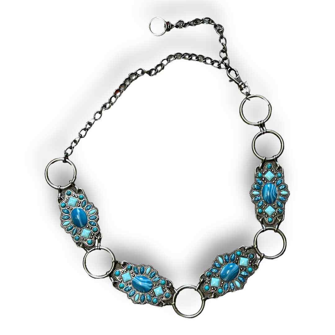 Southwest Faux Turquoise Stone and Metal Chain Belt Boho Western