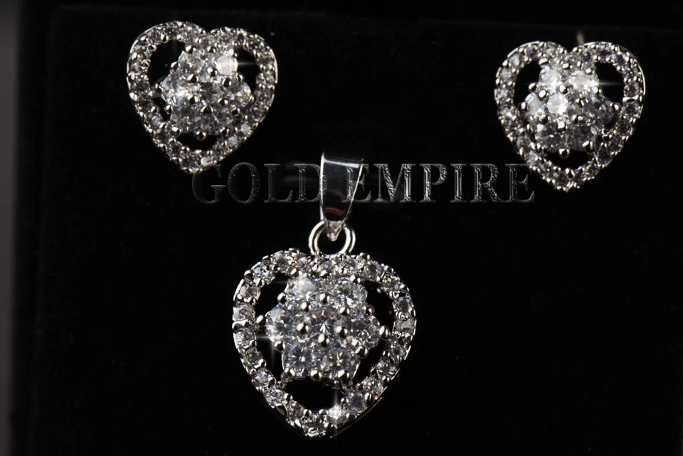 Donna Set Collana Pendente Orecchini Argento 18 Oro Bianco Placcato Zirconi S445 - Immagine 3 di 4