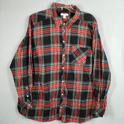 Croft & Barrow Women's 2X Flannel Shirt Green Red Tartan Plaid Golden Thread
