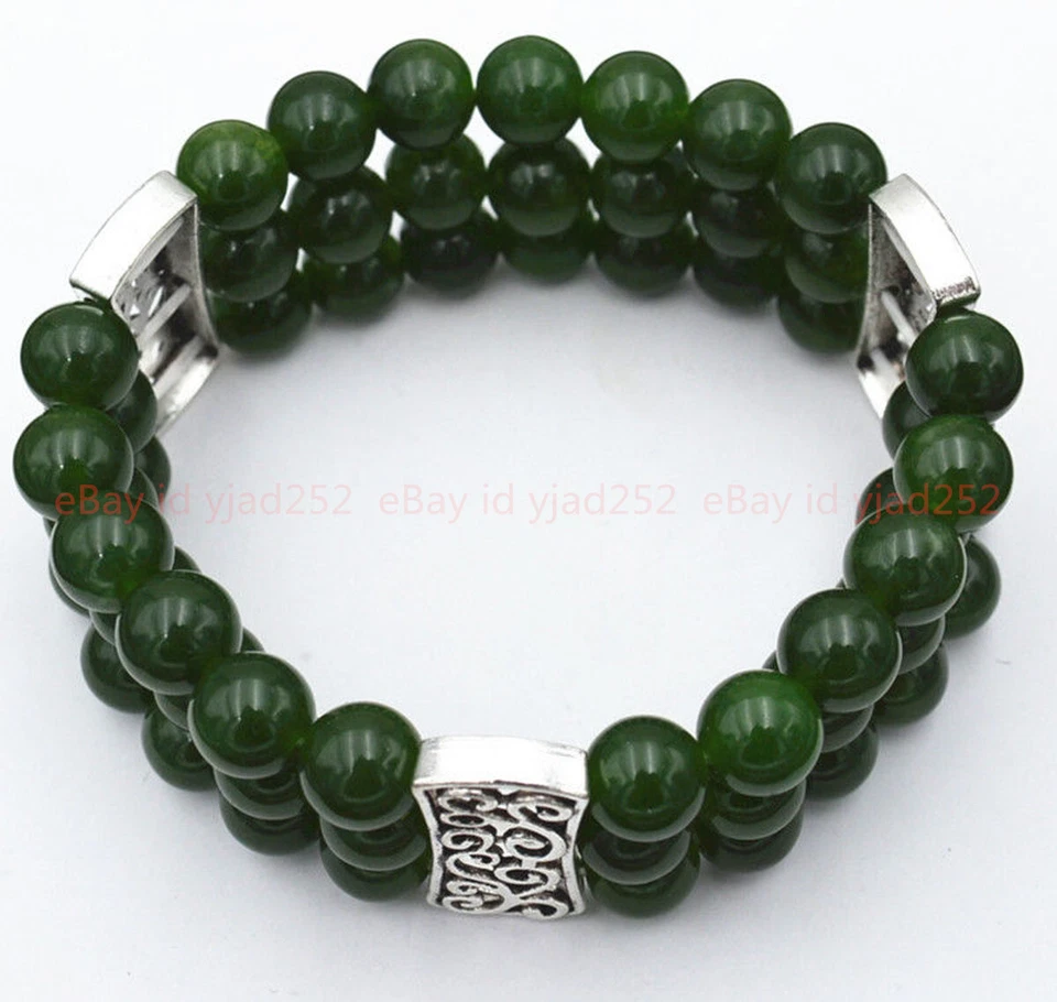 New 3row Women's Natural 8mm Dark Emerald Beads Stretch Tibetan Silver Bracelet - Image 2 of 4
