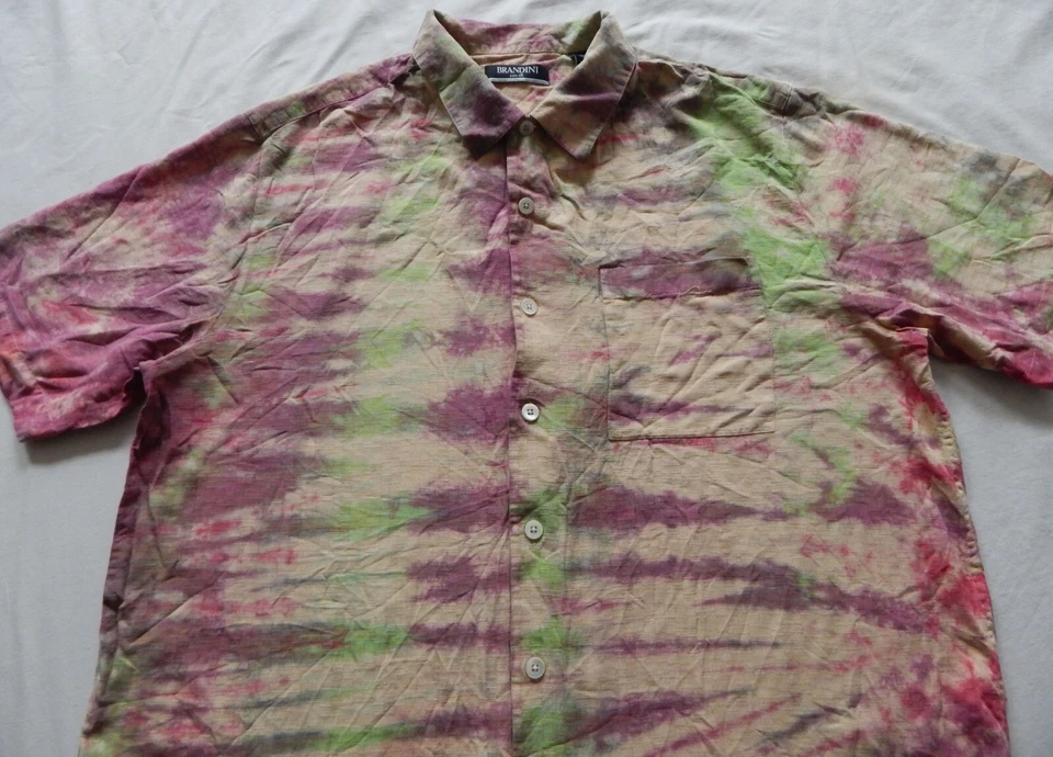 Tie Dye Psychedelic Silk Purple Green Short Sleeve Shirt - Large Mens Hand Made - Image 3 of 4