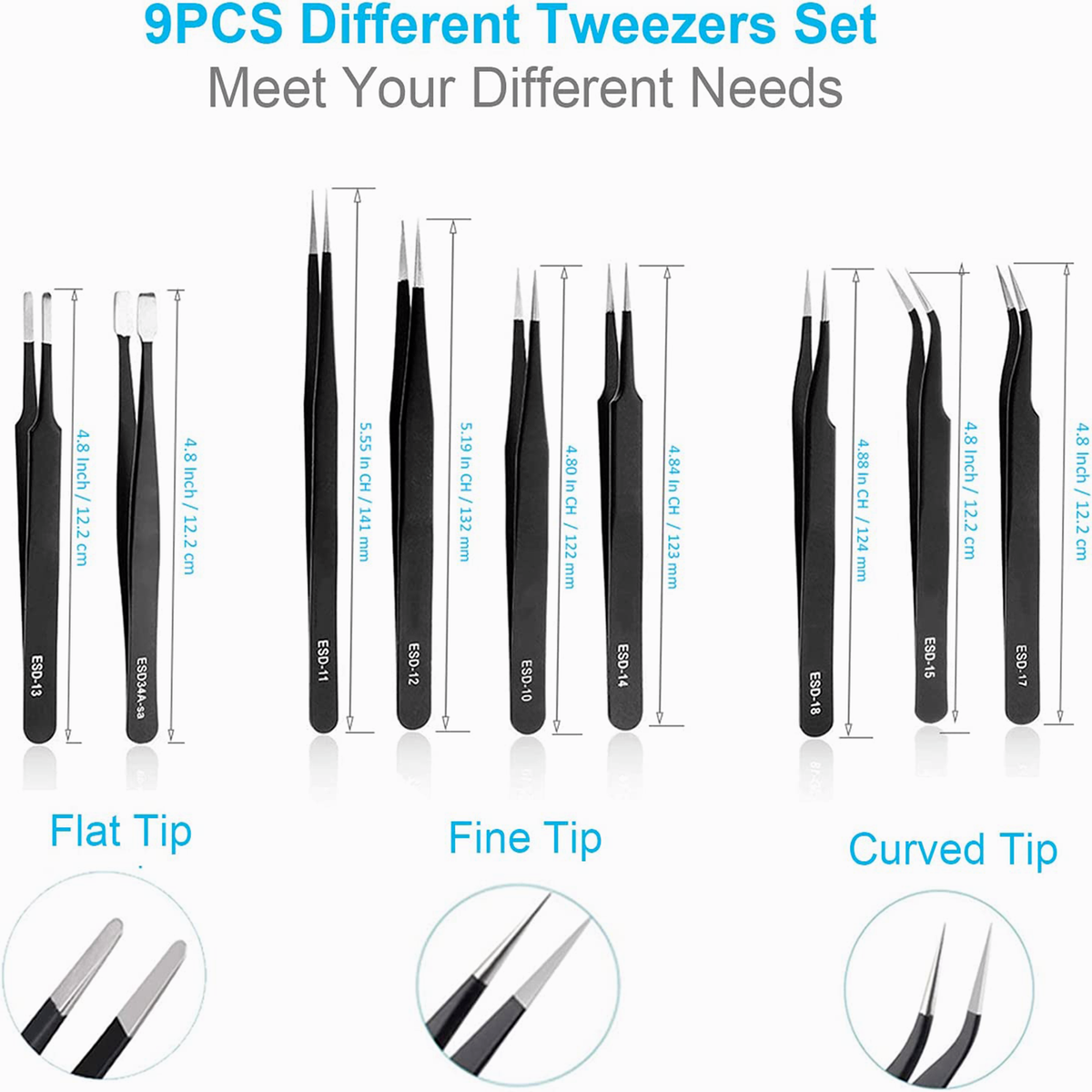 10Pcs ESD Precision Tweezers Set Stainless Steel Tool for