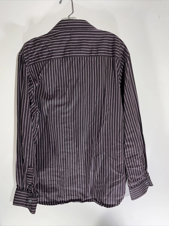 Camisa de vestir Marc Ecko corte coser botones para hombre a rayas negra rosa manga larga L Foto 3 de 3