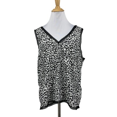 Halogen Tank Top Womens Plus 1 Black White Abstract Raw Chiffon Trim V Neck