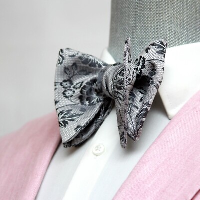 Men's Self-tied Bow Tie 100%Silk Big Butterfly Floral grey S693