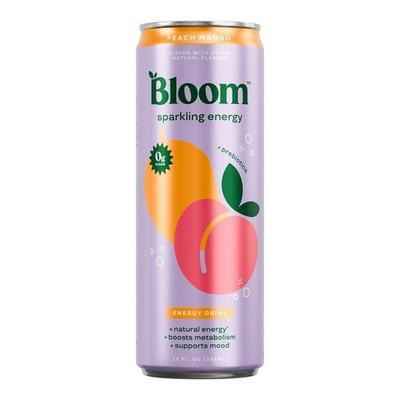 Bloom Nutrition Peach Mango Sparkling Energy Drink 12oz Can 1 or 2 Pack