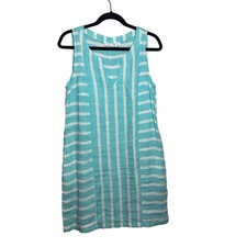 Sigrid Olsen Women Turquoise White Stripe Linen V Neck Sleeveless Dress Size S