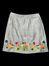 Talbots Skirt Women Sz 6P-Blue Linen Bl-Floral Embroidered Border Artsy Boho-198