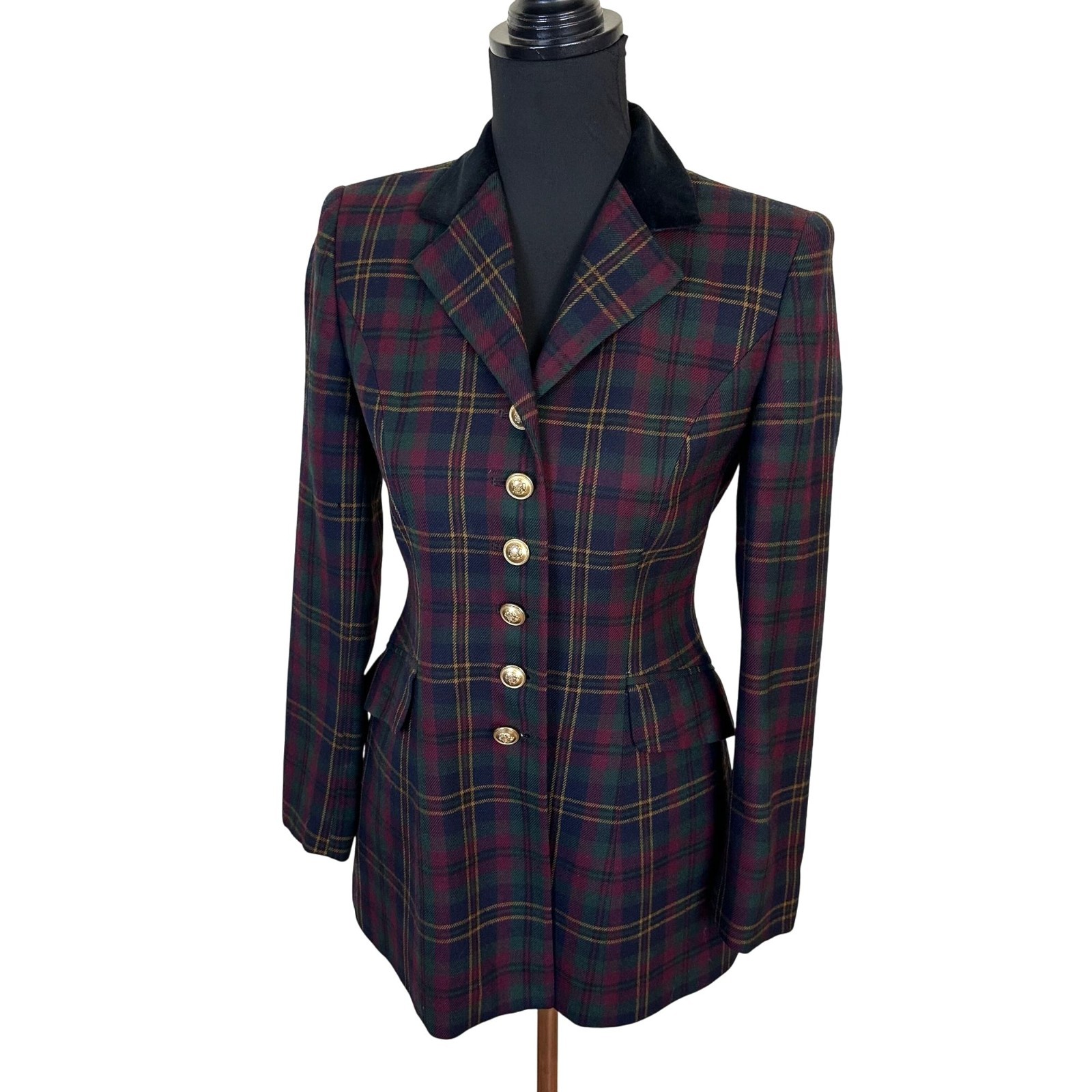Vintage Lauren Ralph Lauren Tartan Plaid Wool Riding Blazer Jacket Womens XS Made in USA