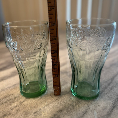 Coca-Cola Set of 2 Embossed Soda Theme Clear Glass Tumblers Green Tint