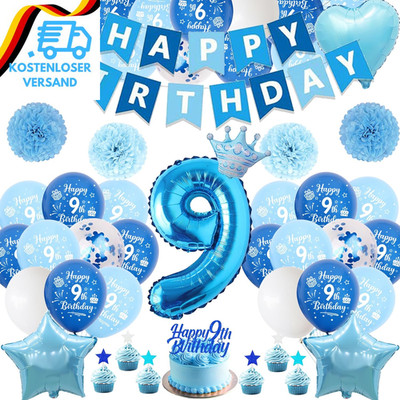 Deko 9. Geburtstag Junge Blau - 58 Stück 9. Geburtstagsdeko Luftballons Happy Bi