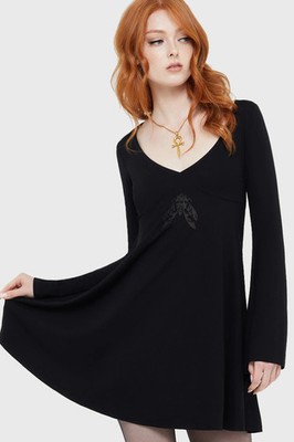 Killstar Moonlight Madness Mini Dress Womens V-Neck Flared Sleeve Goth