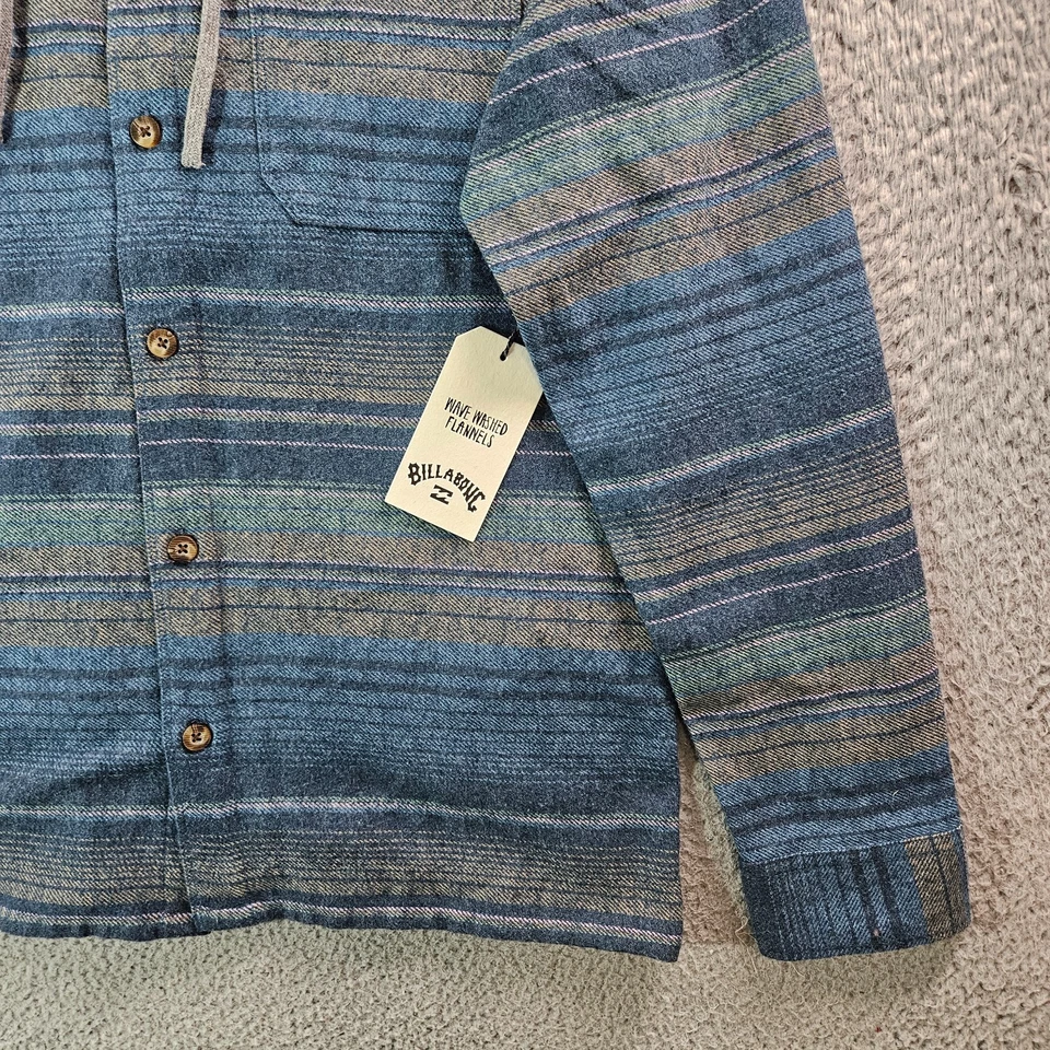 $75 NEW Billabong Hooded Flannel Shirt Jacket Men Medium Gray Blue Striped - Image 2 of 4
