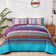 Purple Quilt Set Queen Size, Bohemian Stripe 3 Pieces Bedspread Quilts Set Boho