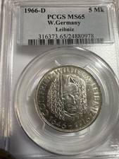 1966D 5 Mark PCGS MS65 W.Germany LEIBNIZ Silver Coin 1st Year