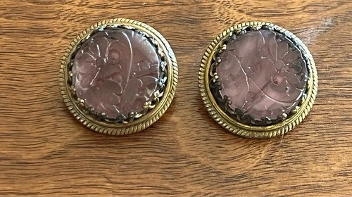 Vintage Natural Purple Jadeite Amethyst Carved Clip On Earrings Costume Jewelry