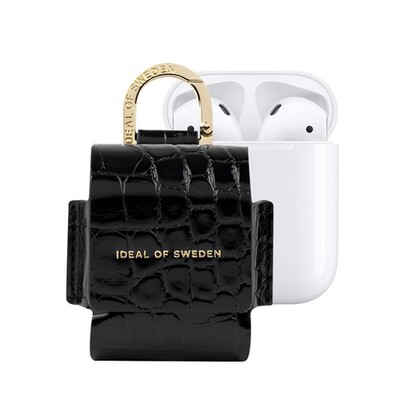 Mini Tasche für Apple Pods 1 / 2 Modell Flo strukturiert Kroko mit Karabiner, schwarz