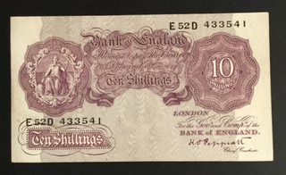 Banknote Of England Ten Shillings Mauve KO Peppiatt. E52D. VG Circulated Cond.