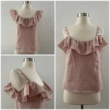 Club Monaco Asmund Top Women's Small in Blush Pink Stripes Ruffle Quiet Luxury