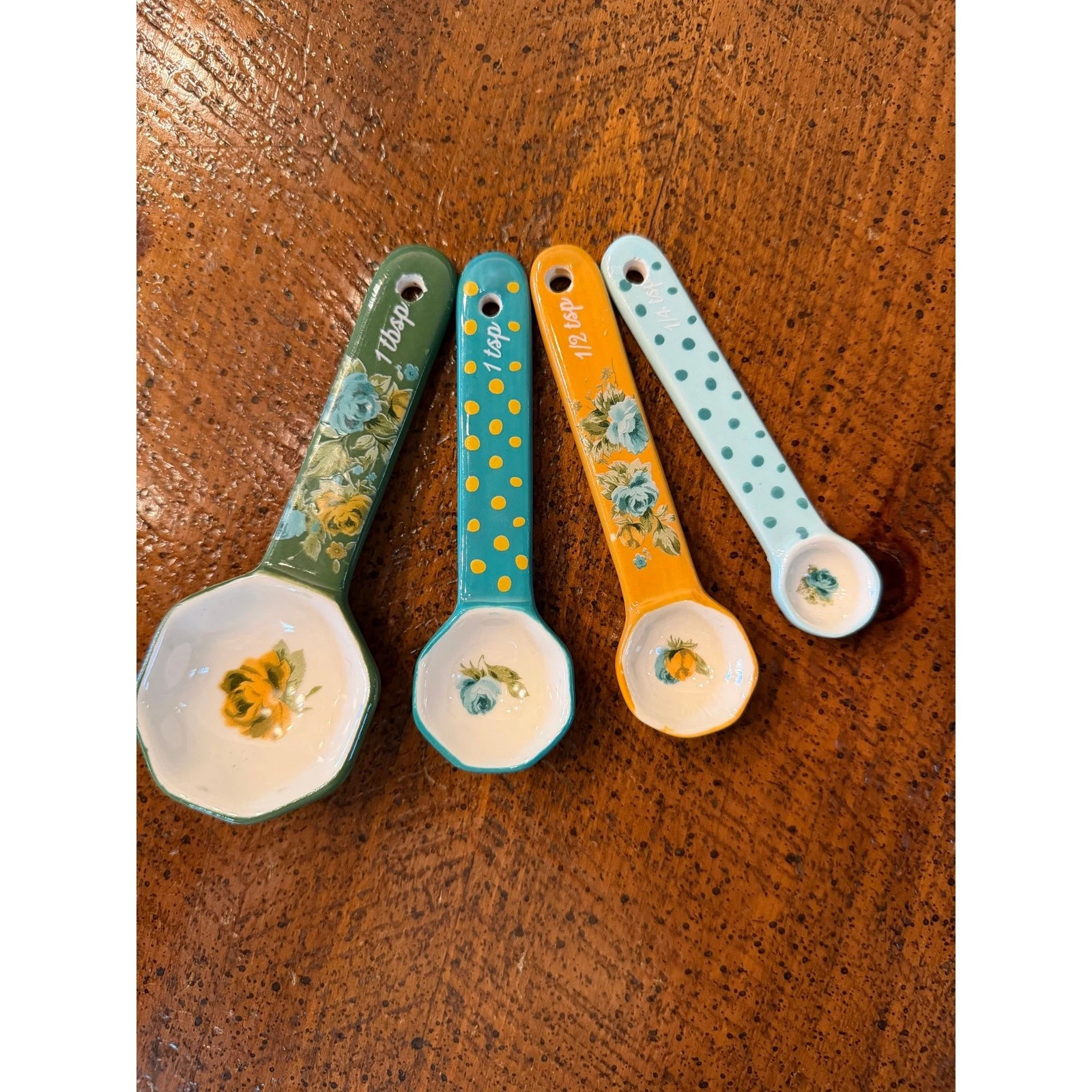 Vintage Floral Ceramic Measuring Spoons Hand-Painted Cottagecore Kitchen Decor