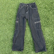 Y2K Black Baggy Grunge Cargo White Contrast Stitching Utility Pants Womens S