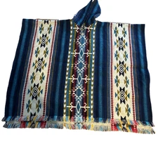 Hooded Poncho Southwestern Design Turquoise Beige Fringe Cape Unisex Wrap