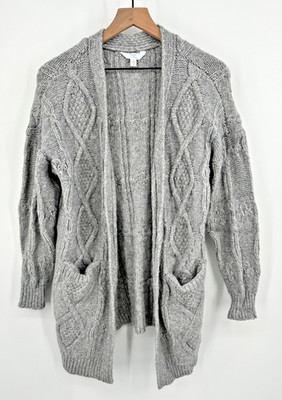 Time & Tru Cable Knit Cardigan Sweater Women Small Grey Open Front Oversized