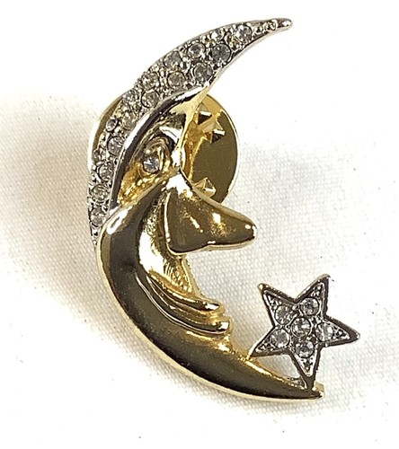 Lapel Pin Crescent Moon Gold Tone & Rhinestone Lapel Pin/Brooch Man In The Moon