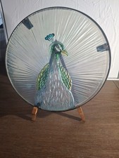 Vintage Art Nouveau Glass Peacock Display Sun Catcher 12" Diameter Metal Framing