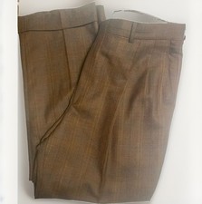 Berle Mens Brown Windowpane Dress Pants Pleated Cuffed Wool Trousers Slack 34R