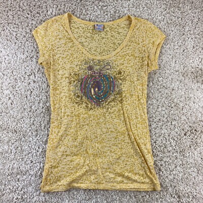 icandy womens size XL yellow embellished tissue tee short sleeve scoop neck