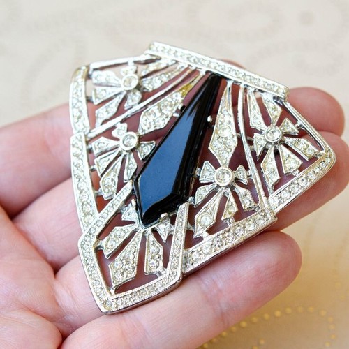 Elegant 935 Silver Triangle Shape 15.63 TCW Black Onyx & Sapphire Women's Brooch - Picture 2 of 11