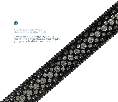 Rhinestone Belt Western Crystal Bling Studded Leather Belt 1-3/8" (35mm) wide - Picture 7 of 32