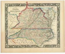 20" x 24" 1860 County map of Virginia, and North Carolina