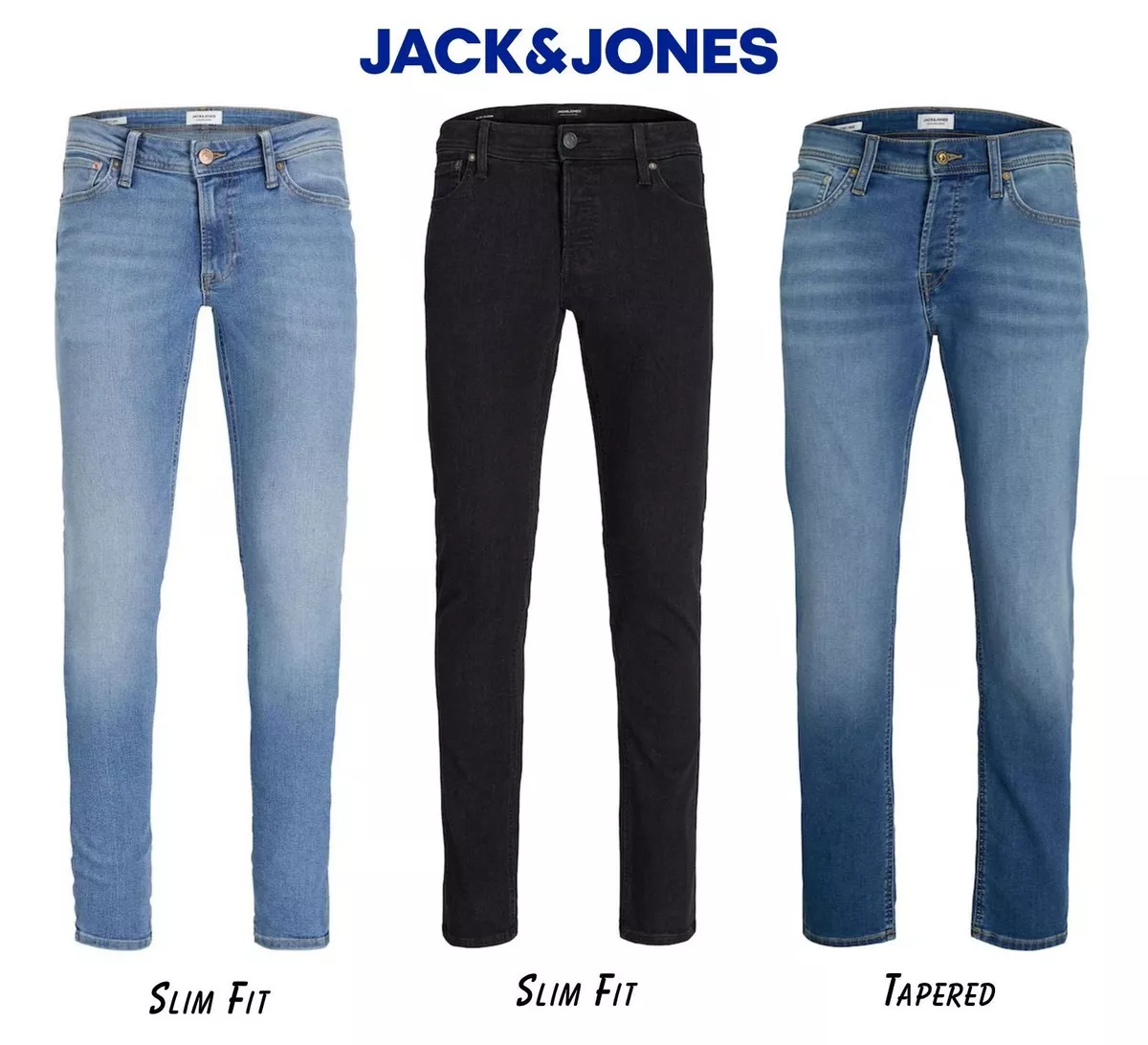 Mens Jack Jones Slim Fit Jeans Stretch Tapered Blue Black Denim Pants  Trousers