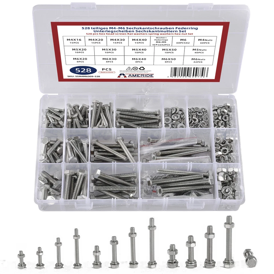 NTS M4-M10 Sechskantschrauben Maschinenschrauben Set 528pcs/288pcs
