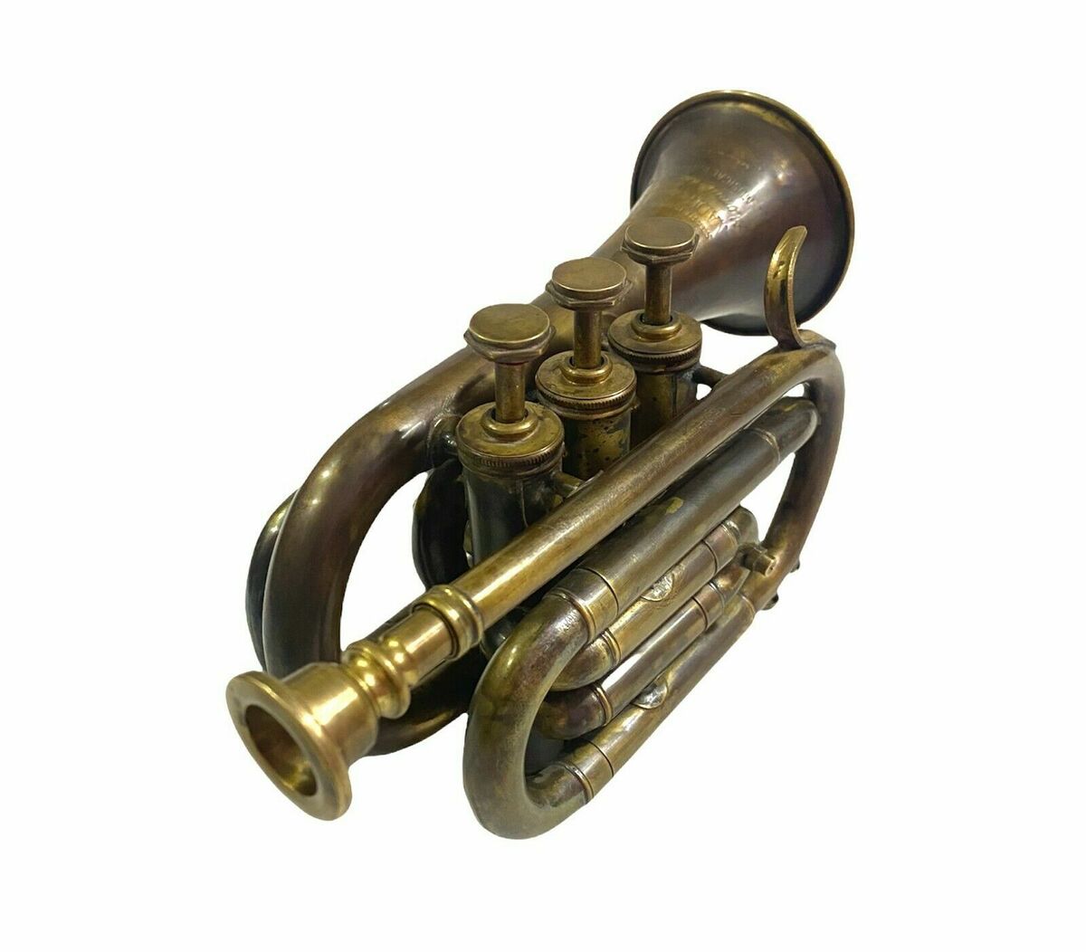 Nautical Antique Brass Trumpet Pocket Bugle Horn 3 Valve Mouthpiece for Gift
