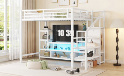 Full Size Metal Loft Bed with TV Stand, Metal Loft Bed with Staircase & Wardrobe